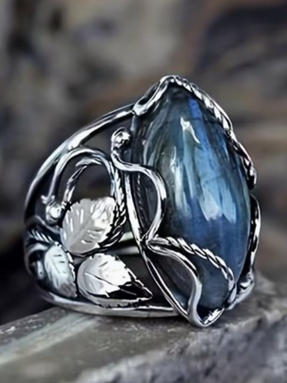 Unisex Wide Ring Inlaid Horse Eye Shape Blue Zirconia Leaf Design Size 8